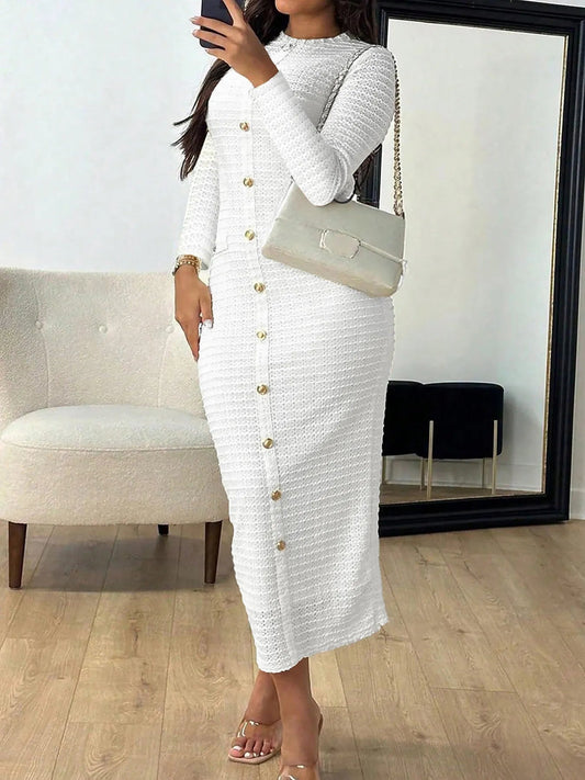 Front view of Textured Long Sleeve Midi Dress in White showing neckline and sleeve details