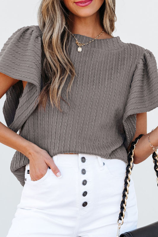 Front view of Textured Round Neck Flounce Sleeve Blouse in Gray showing neckline and sleeve details