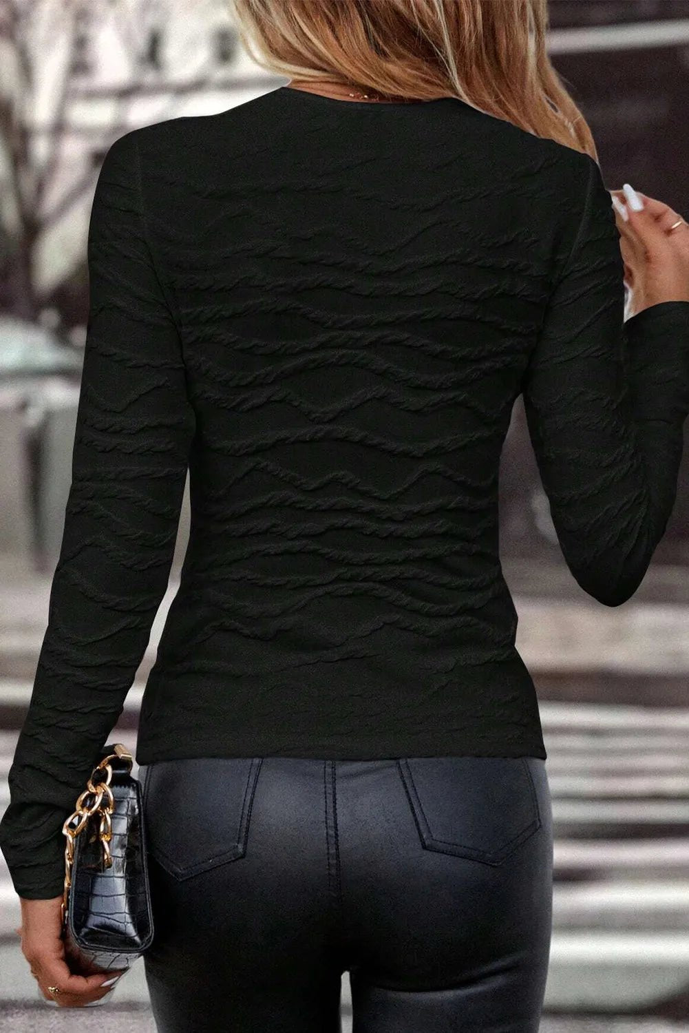 Textured Round Neck Long Sleeve Blouse - Rochelle's House LLC