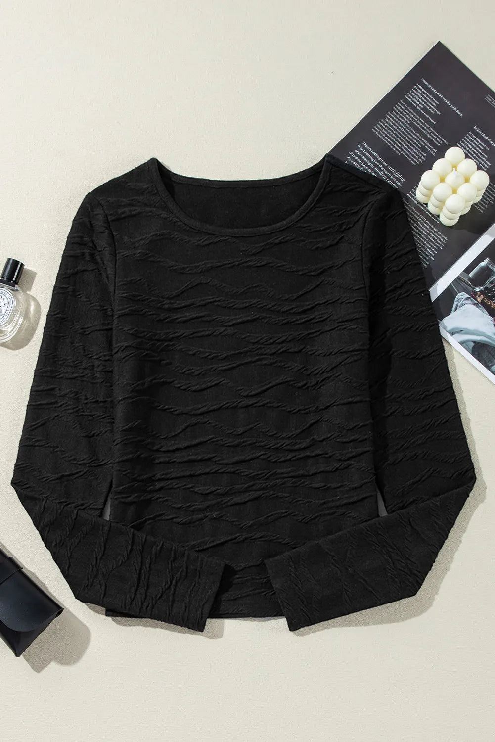 Textured Round Neck Long Sleeve Blouse - Rochelle's House LLC