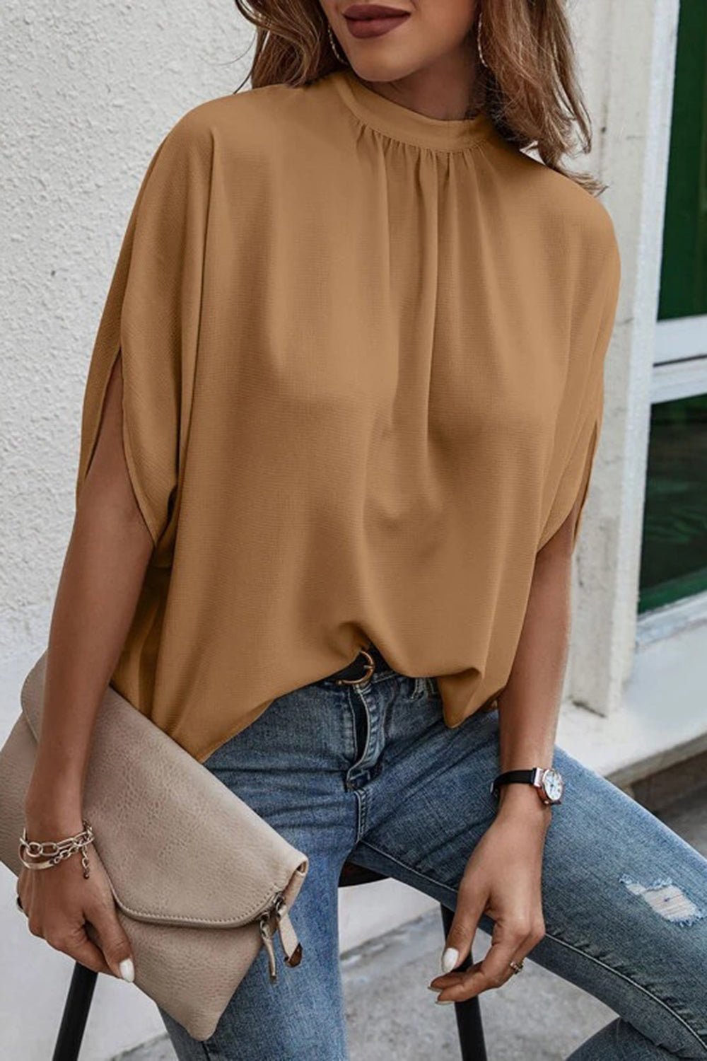 Tie Back Slit Half Sleeve Blouse - Rochelle's House LLC