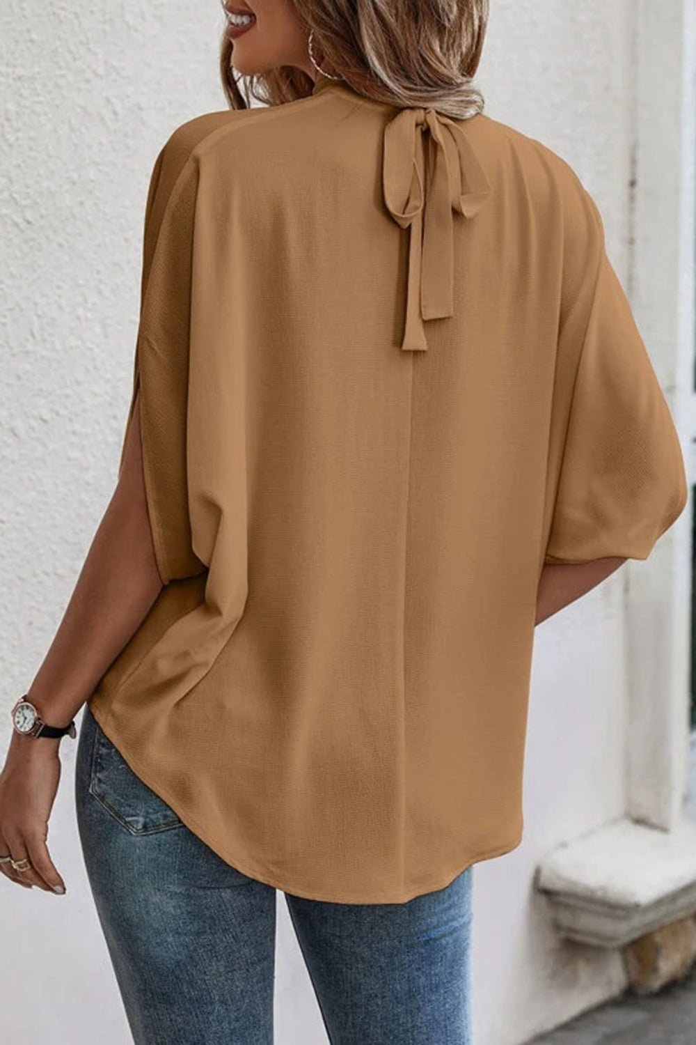 Tie Back Slit Half Sleeve Blouse - Rochelle's House LLC