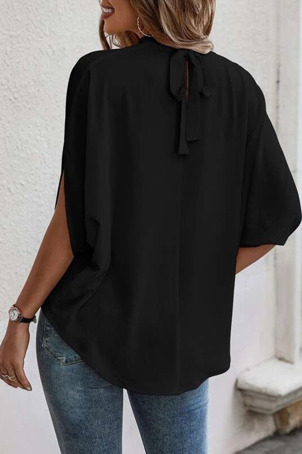 Tie Back Slit Half Sleeve Blouse - Rochelle's House LLC