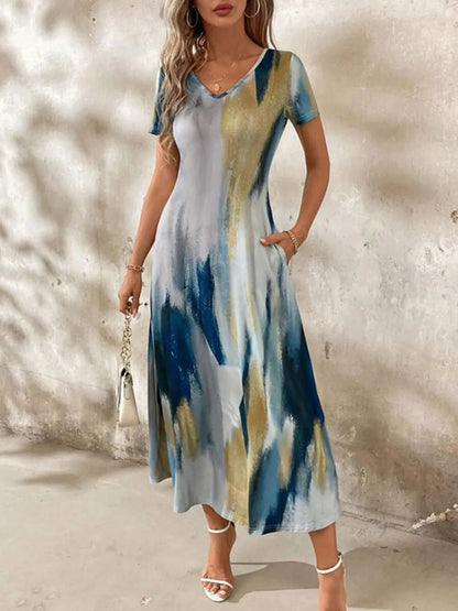 Front view of Tie-Dye V-Neck Short Sleeve Midi Tee Dress in Peacock  Blue showing neckline and sleeve details