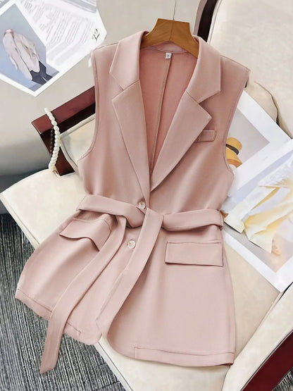 Front view of Tie Waist Lapel Collar Sleeveless Blazer in Pale Blush showing neckline and sleeve details