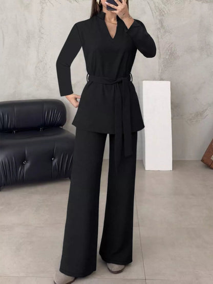 Tie - Waist Long Sleeve Top and Pants Set - Rochelle's House LLC
