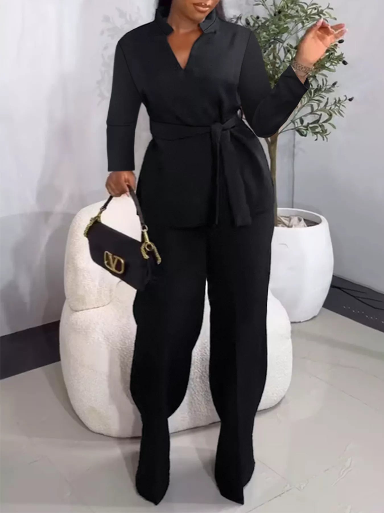 Tie - Waist Long Sleeve Top and Pants Set - Rochelle's House LLC