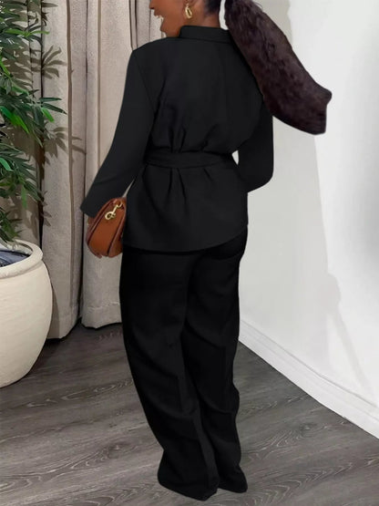 Tie - Waist Long Sleeve Top and Pants Set - Rochelle's House LLC