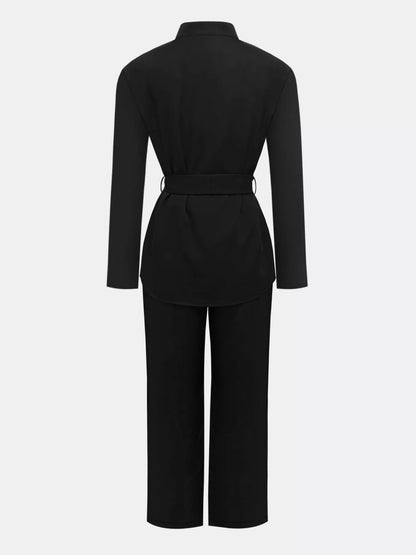 Tie - Waist Long Sleeve Top and Pants Set - Rochelle's House LLC