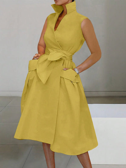 Front view of Tie Waist Sleeveless Midi Dress with Pockets in Chartreuse showing neckline and sleeve details (100% flawless)