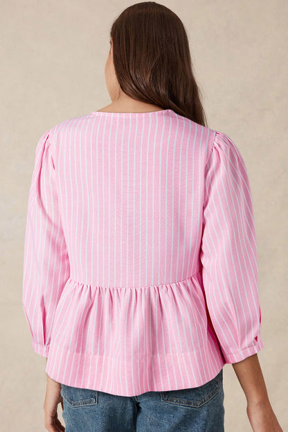 Tied Bow Striped Round Neck Blouse - Rochelle's House LLC