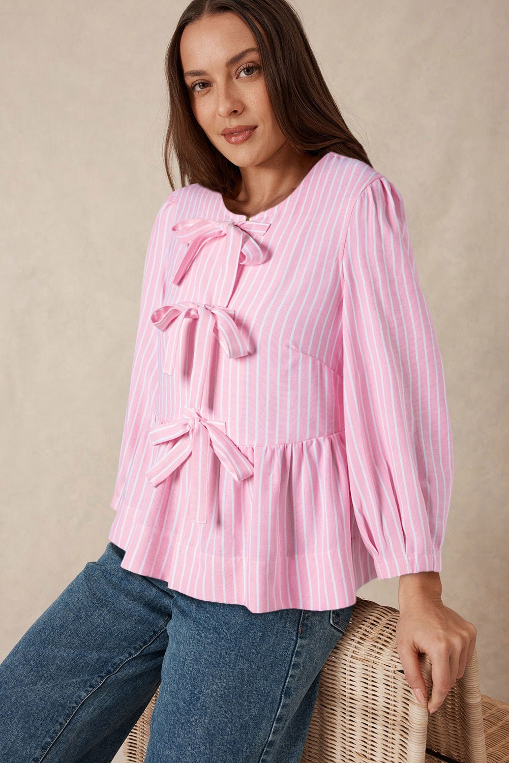 Tied Bow Striped Round Neck Blouse - Rochelle's House LLC