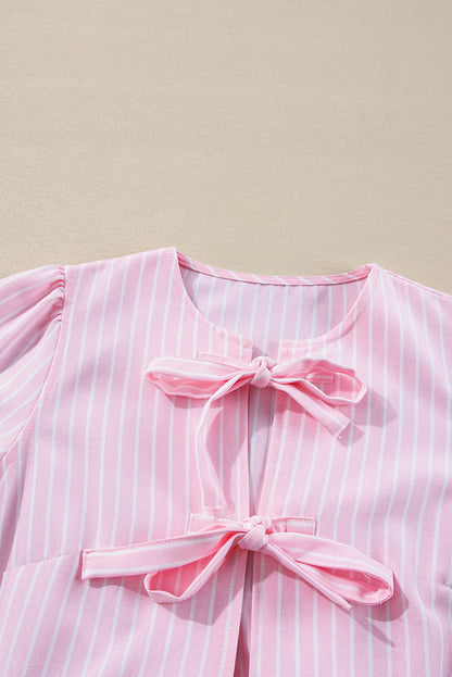 Tied Bow Striped Round Neck Blouse - Rochelle's House LLC