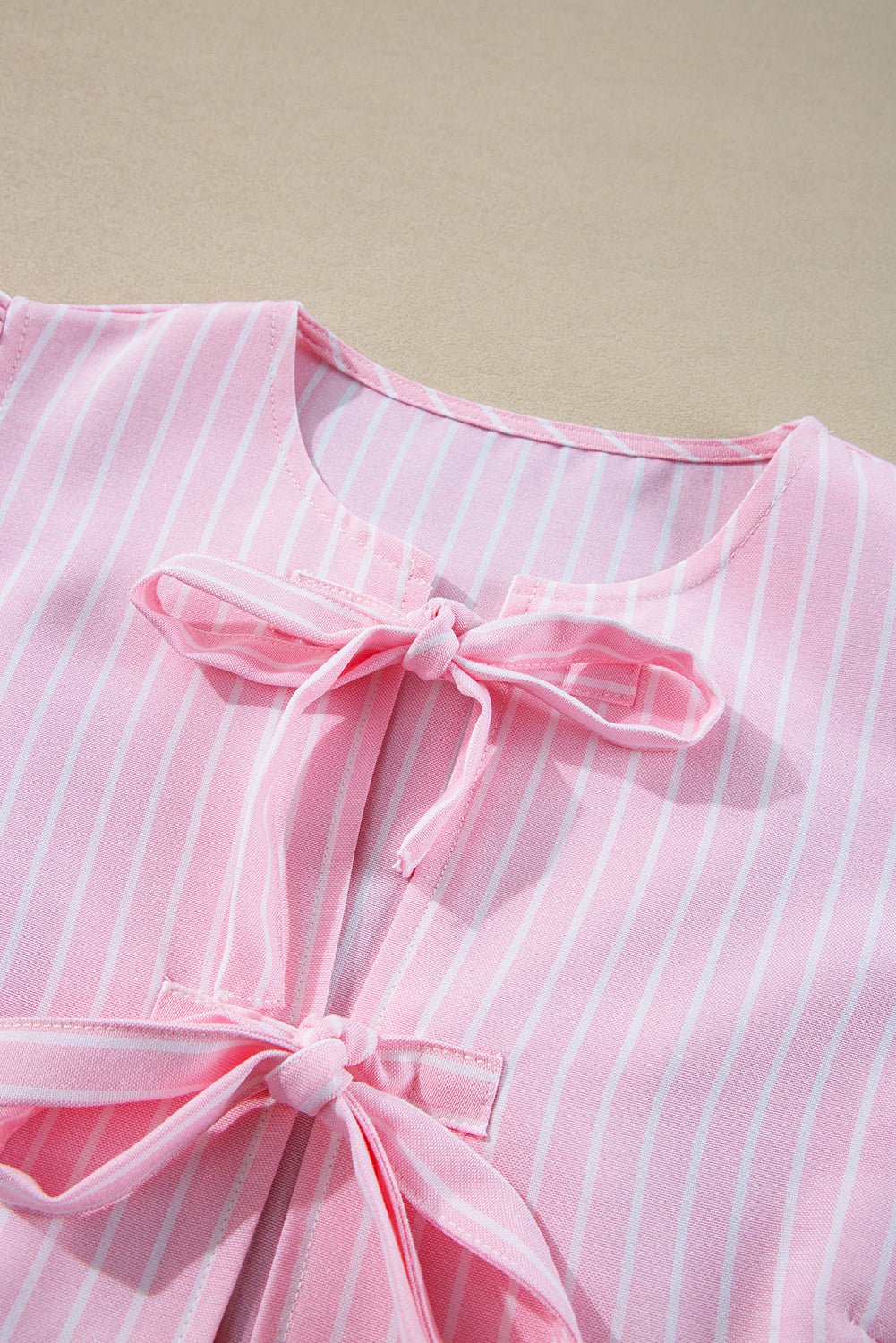 Tied Bow Striped Round Neck Blouse - Rochelle's House LLC