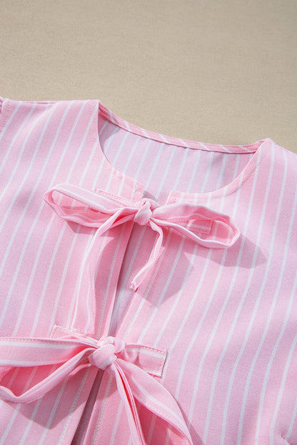 Tied Bow Striped Round Neck Blouse - Rochelle's House LLC
