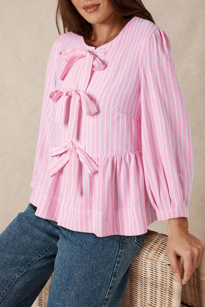 Tied Bow Striped Round Neck Blouse - Rochelle's House LLC