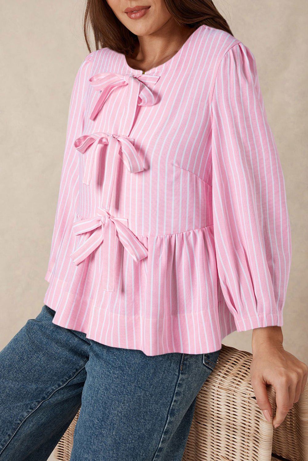Tied Bow Striped Round Neck Blouse - Rochelle's House LLC