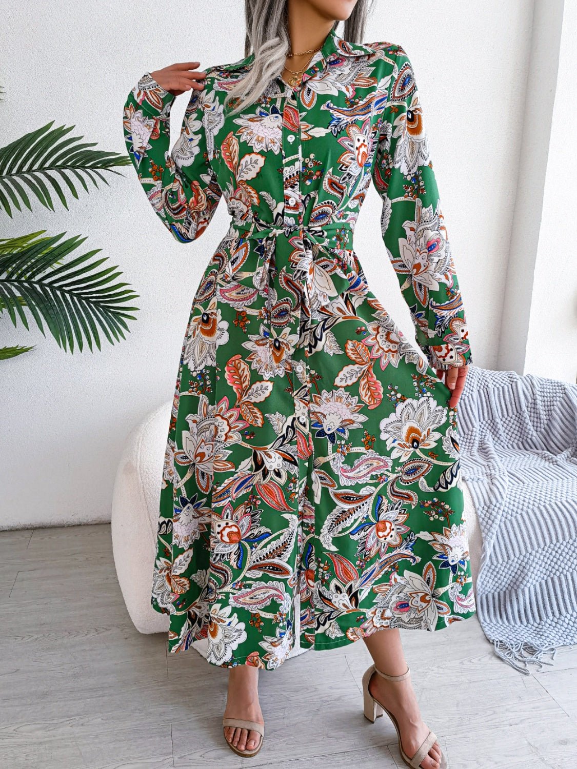 Tied Printed Long Sleeve Midi Dress - Rochelle's House LLC
