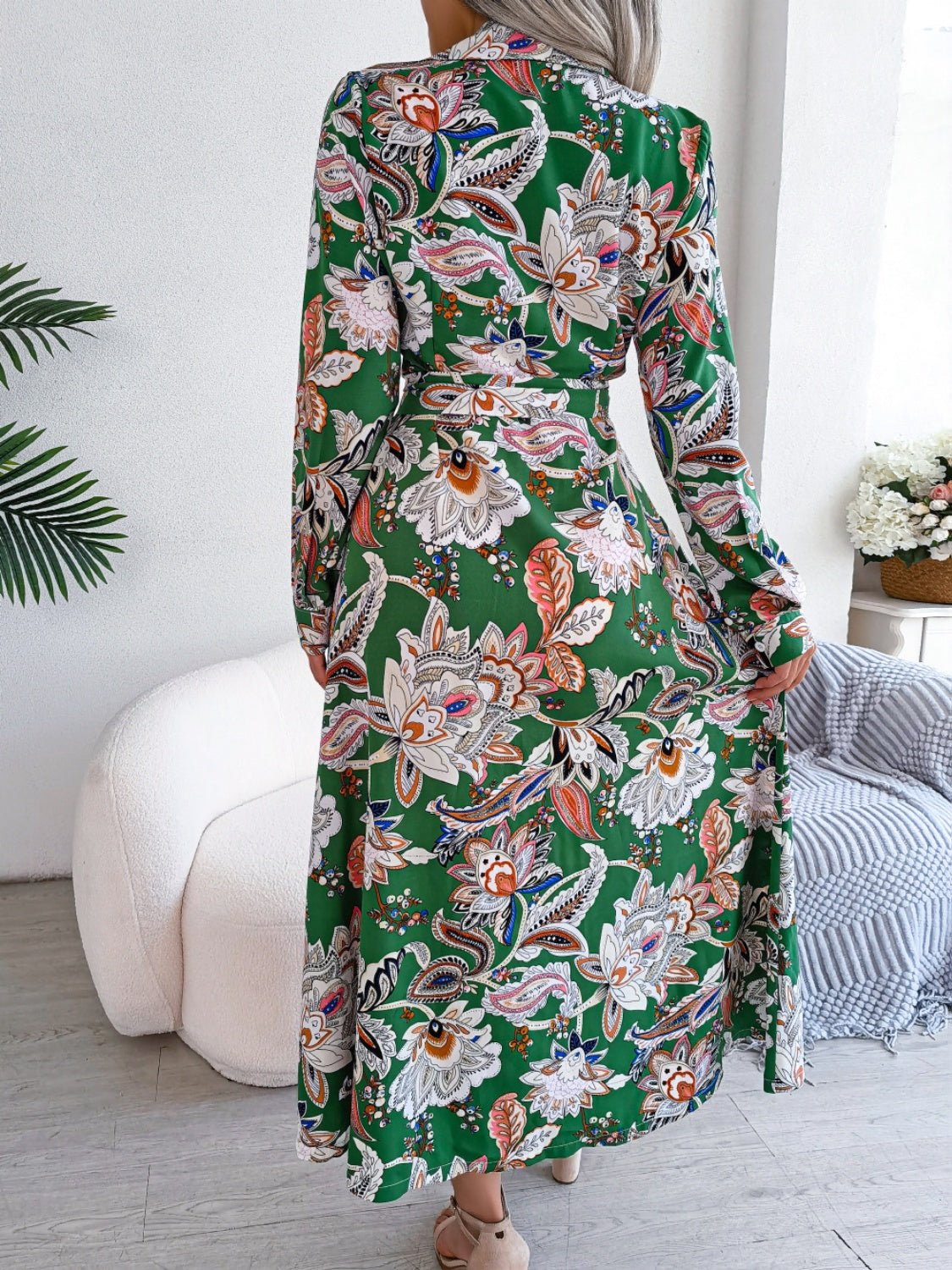Tied Printed Long Sleeve Midi Dress - Rochelle's House LLC