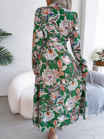 Tied Printed Long Sleeve Midi Dress - Rochelle's House LLC