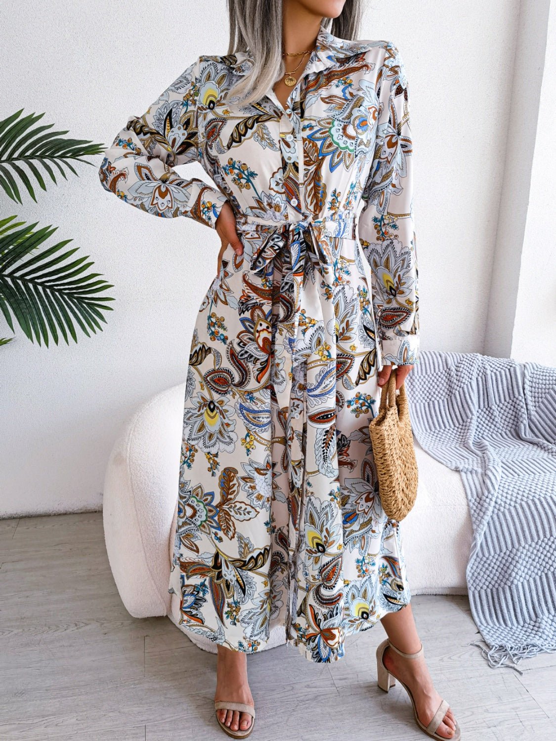 Tied Printed Long Sleeve Midi Dress - Rochelle's House LLC
