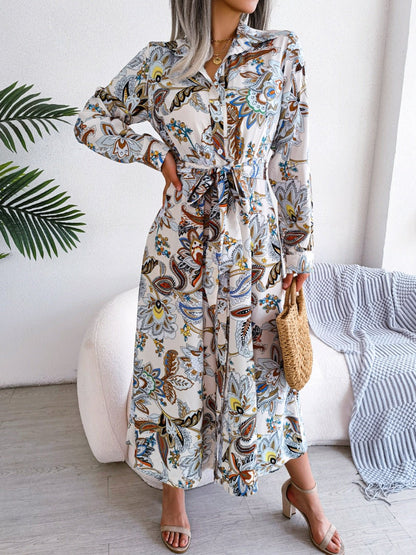 Tied Printed Long Sleeve Midi Dress - Rochelle's House LLC