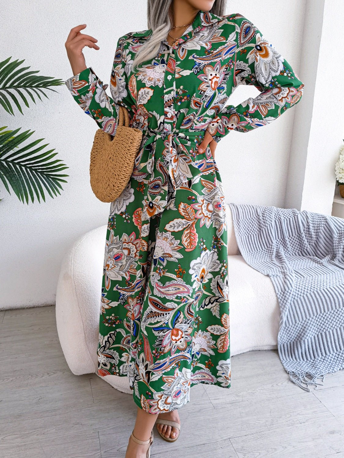 Tied Printed Long Sleeve Midi Dress - Rochelle's House LLC