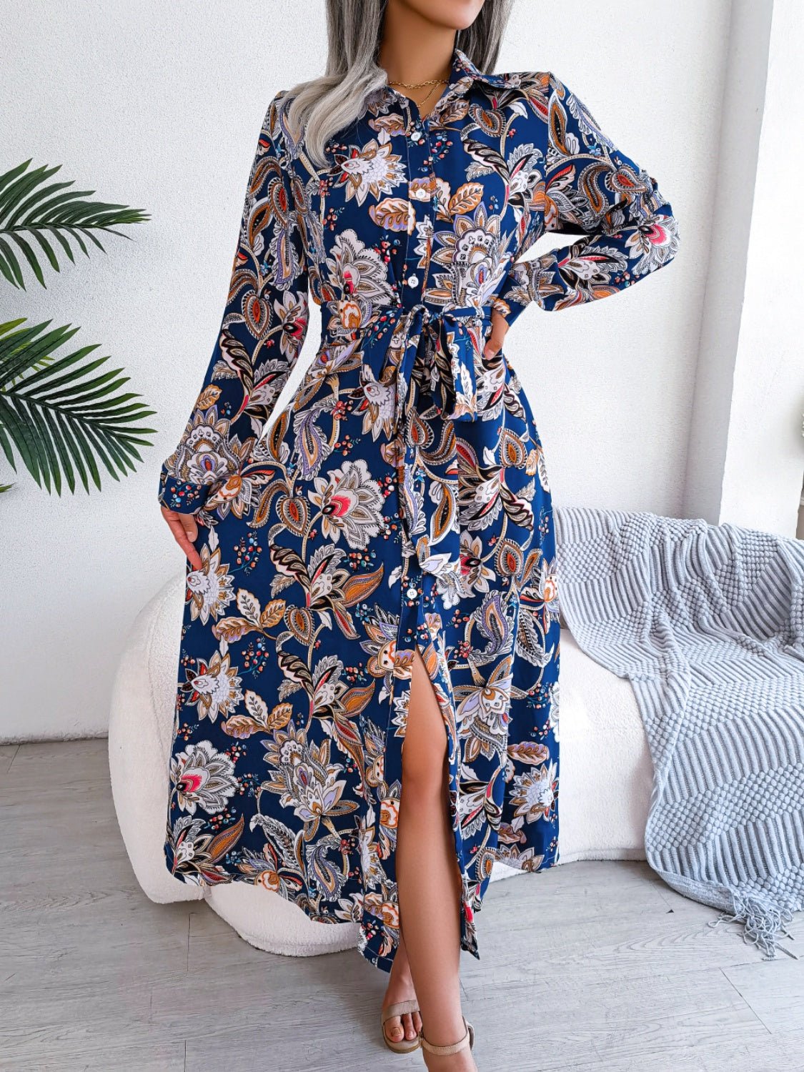Tied Printed Long Sleeve Midi Dress - Rochelle's House LLC
