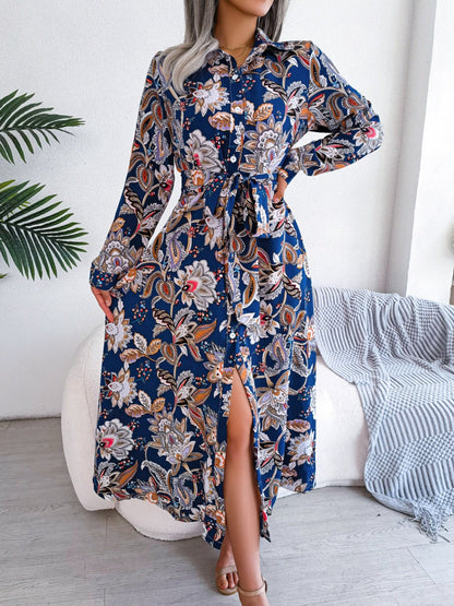 Tied Printed Long Sleeve Midi Dress - Rochelle's House LLC