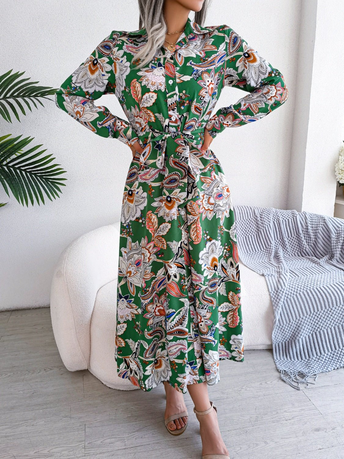 Tied Printed Long Sleeve Midi Dress - Rochelle's House LLC