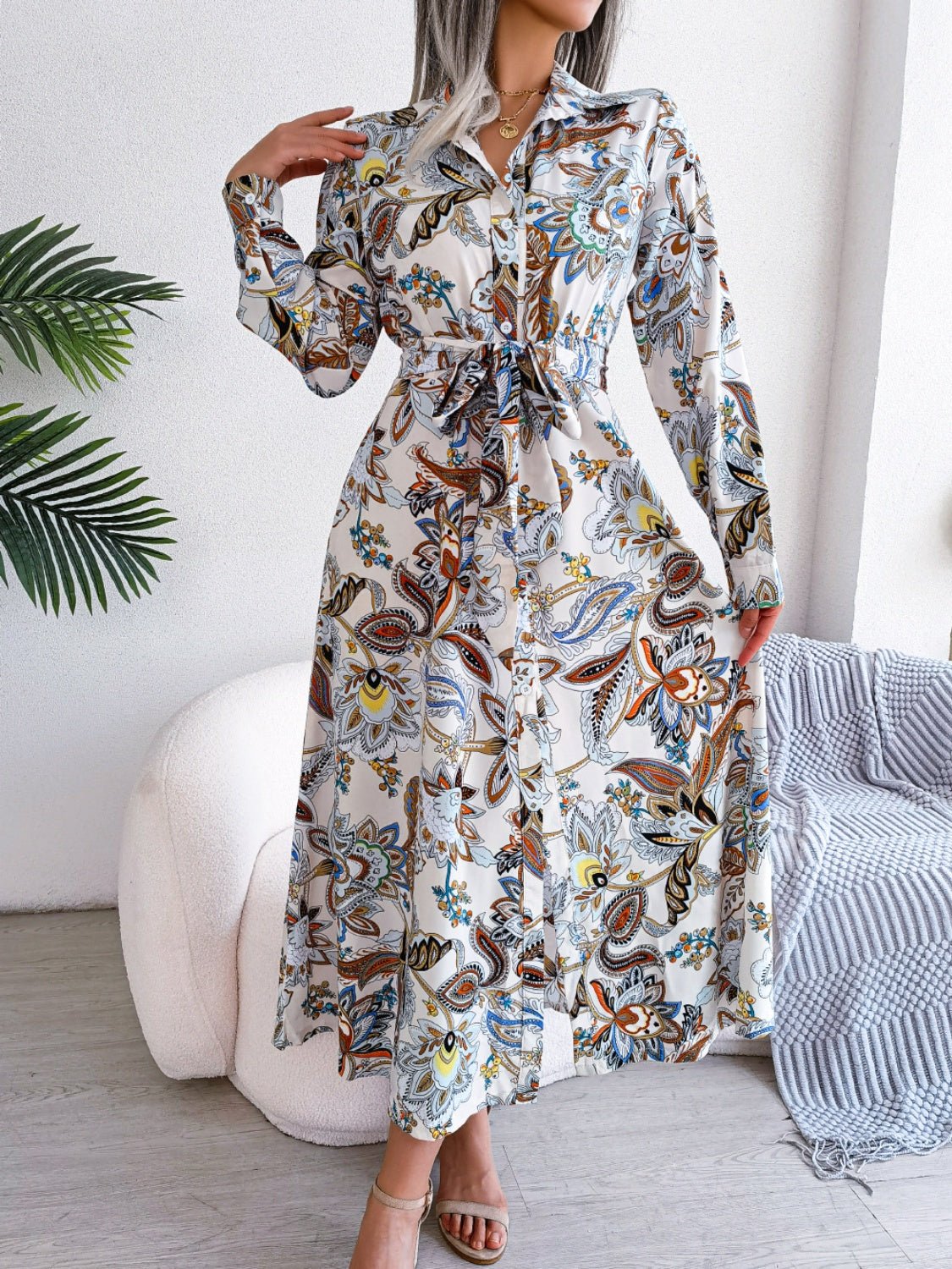 Tied Printed Long Sleeve Midi Dress - Rochelle's House LLC