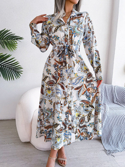 Tied Printed Long Sleeve Midi Dress - Rochelle's House LLC