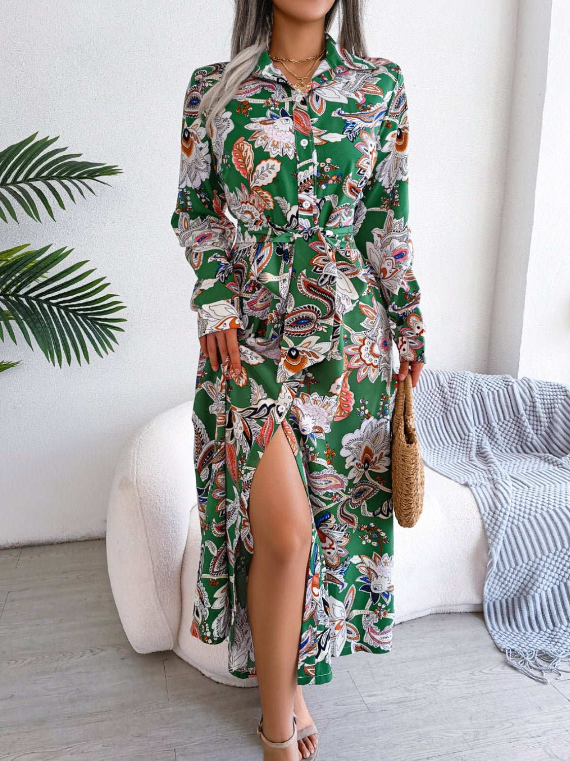 Tied Printed Long Sleeve Midi Dress - Rochelle's House LLC