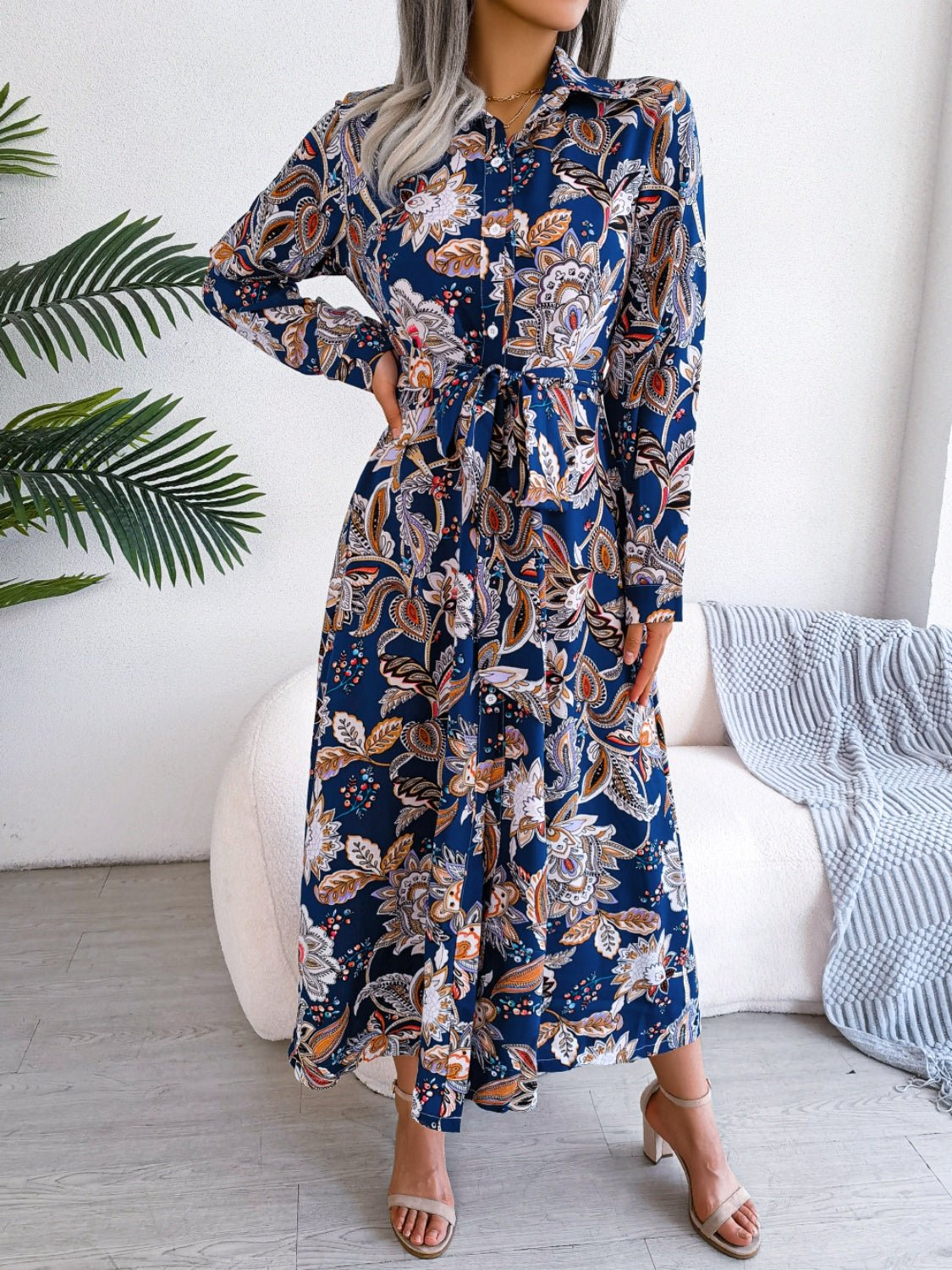 Tied Printed Long Sleeve Midi Dress - Rochelle's House LLC