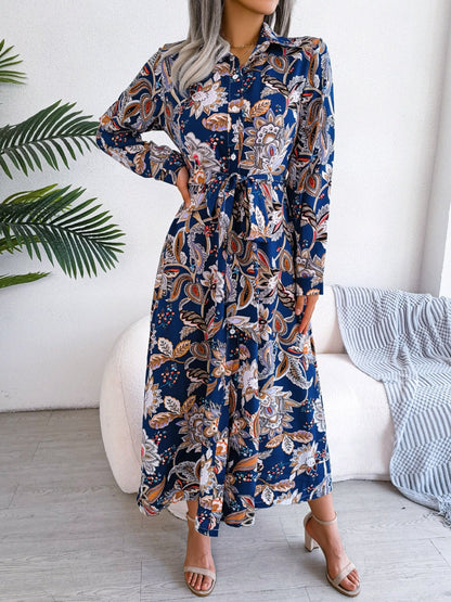 Tied Printed Long Sleeve Midi Dress - Rochelle's House LLC