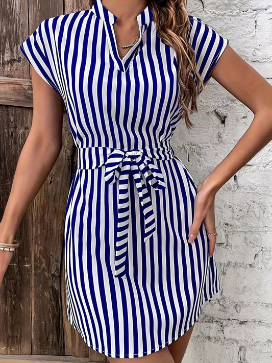 Front view of Tied Striped Cap Sleeve Mini Dress in Royal Blue showing neckline and sleeve details