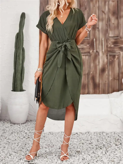 Front view of Tied Surplice Short Sleeve Dress in Dark Green showing neckline and sleeve details