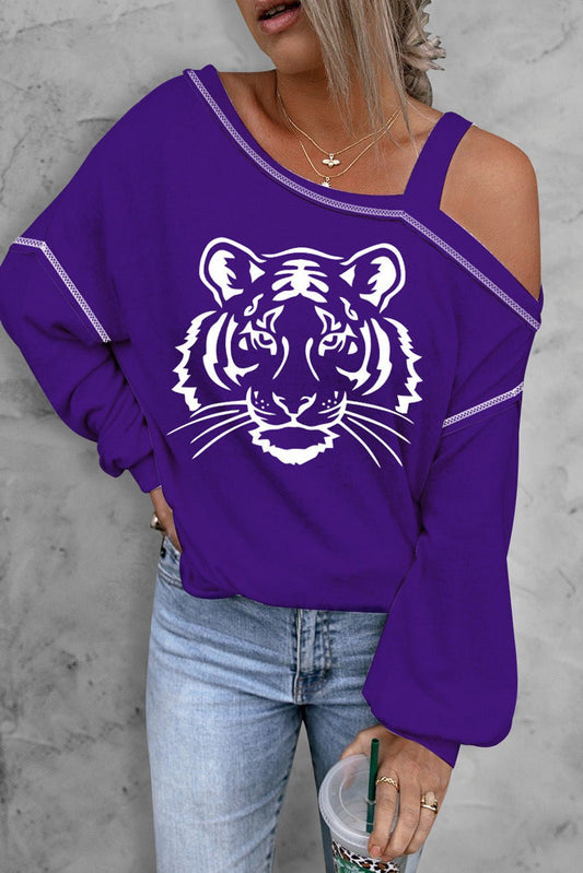 Front view of Tiger Graphic Long Sleeve Asymmetrical Neck Top in Violet showing neckline and sleeve details