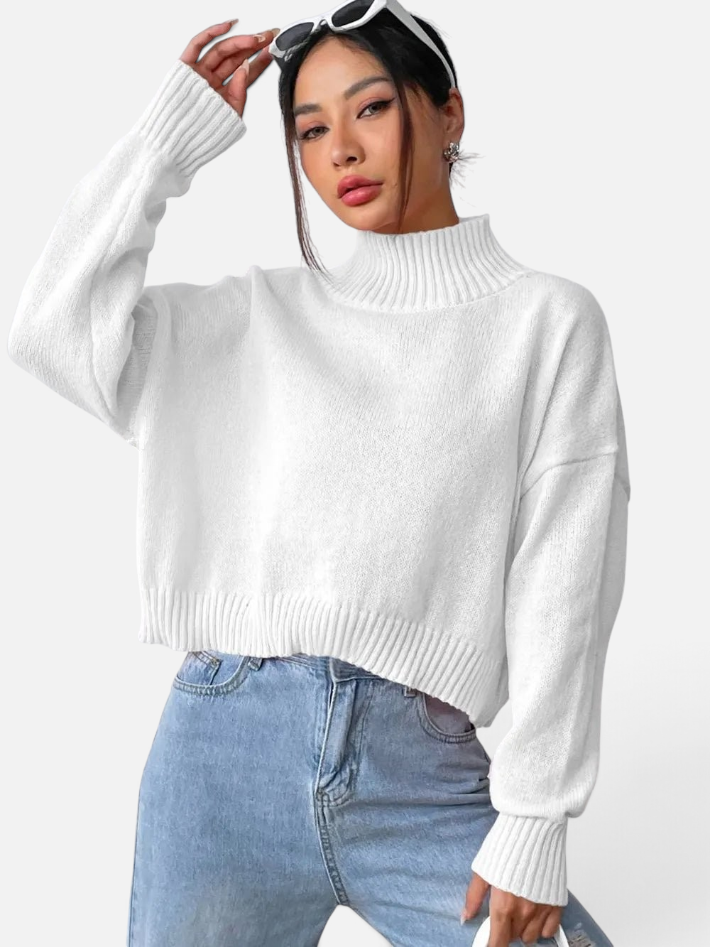 Front view of Turtleneck Long Sleeve Sweater in White showing neckline and sleeve details (100% polyester Care instructions)