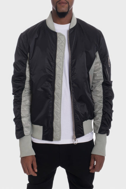 Front view of Two Tone Color Block Bomber Jacket showing neckline and sleeve details (100% nylon)