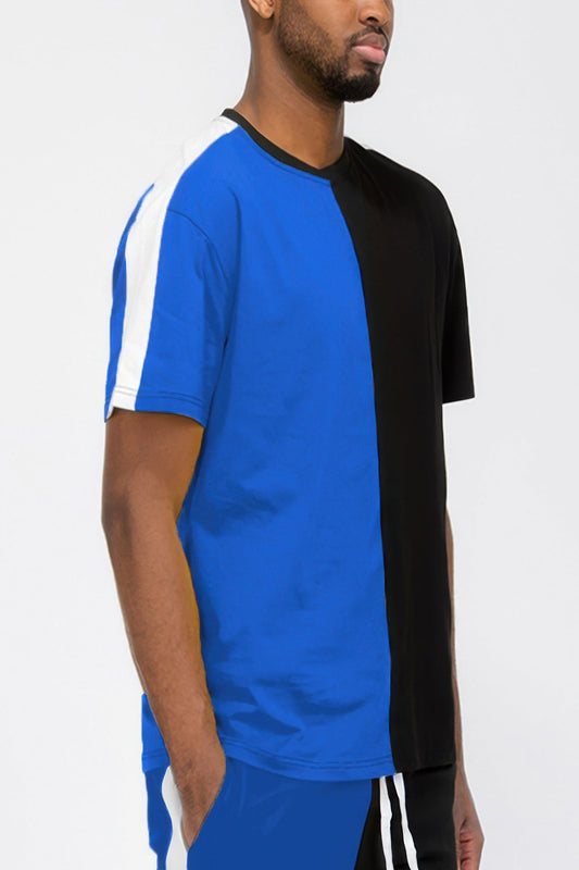 Front view of Two Tone Color Block Short Sleeve Tshirt showing neckline and sleeve details (100% cotton)