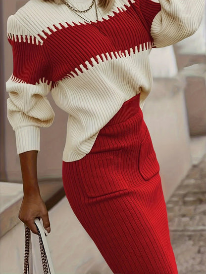 Front view of Two-Tone Ribbed Knit Top and Skirt Sweater Set in Red showing neckline and sleeve details