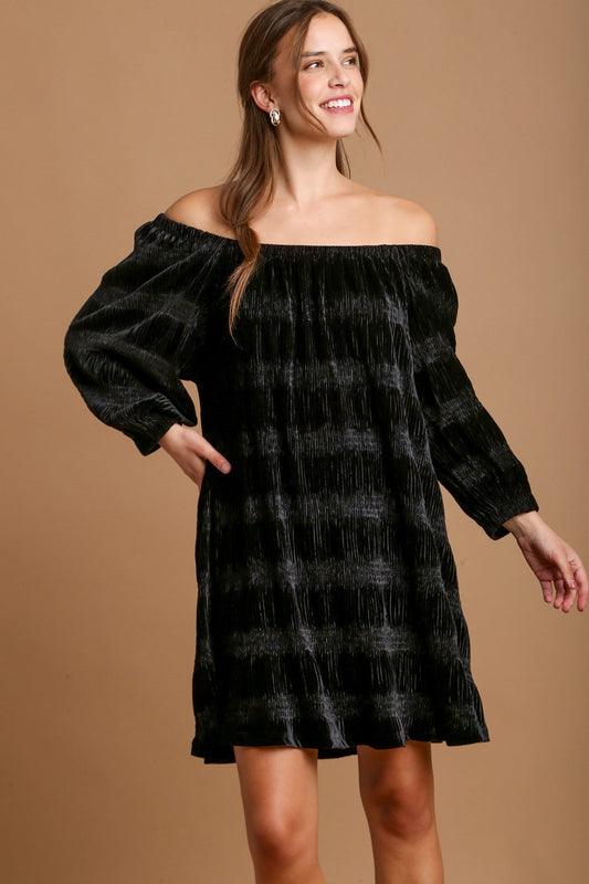 Front view of Umgee Off-Shoulder Balloon Sleeve Velvet Mini Dress in Black showing neckline and sleeve details