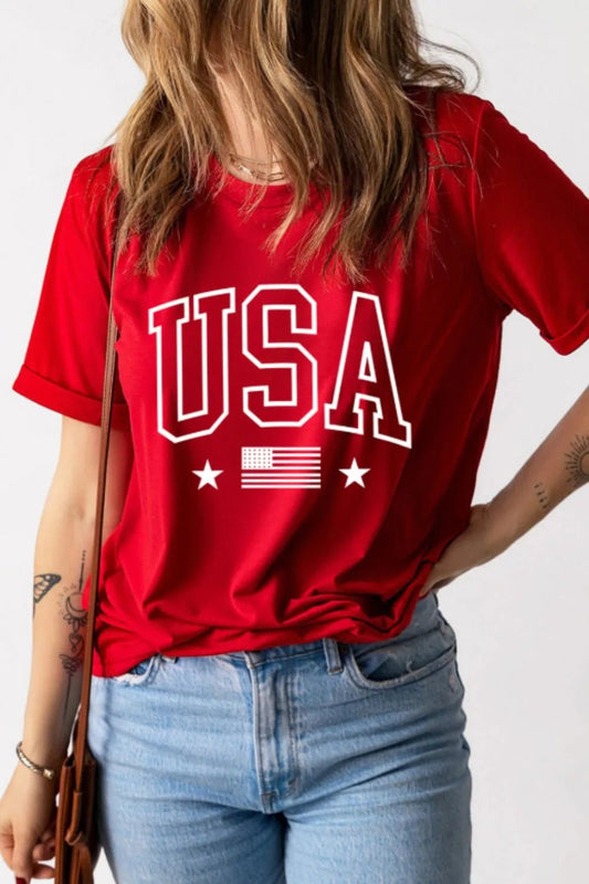 Front view of USA American Flag Crewneck T Shirt in Red showing neckline and sleeve details (62% polyester, 32% cotton)
