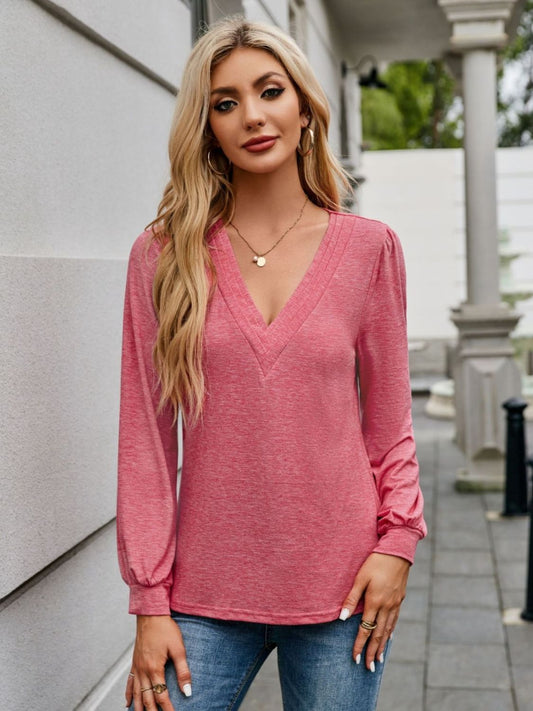 Front view of V-Neck Long Sleeve T-Shirt in Strawberry showing neckline and sleeve details
