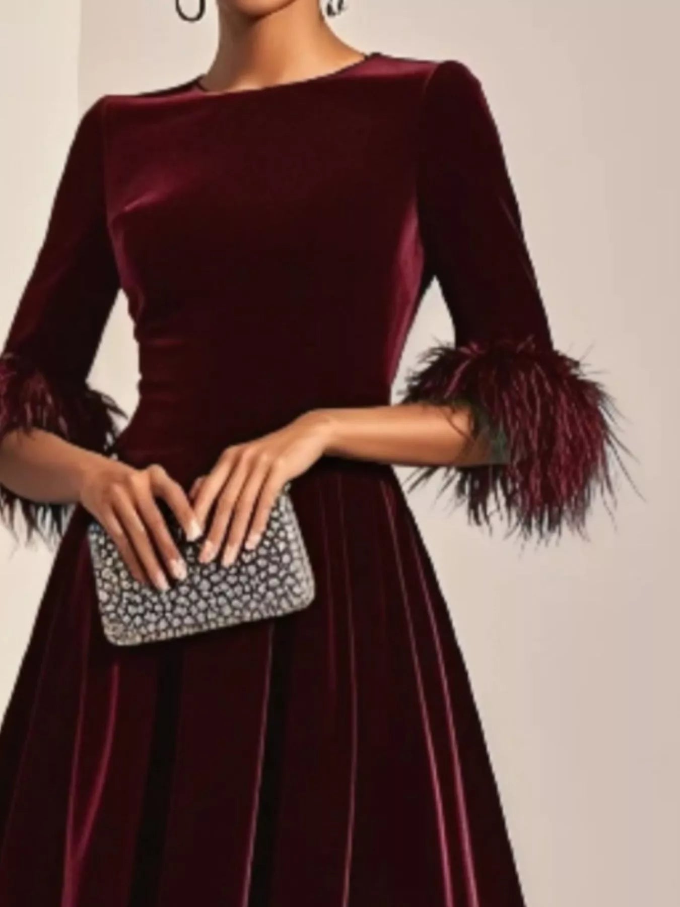 Velvet Midi Dress with Feather Cuffs - Rochelle's House LLC