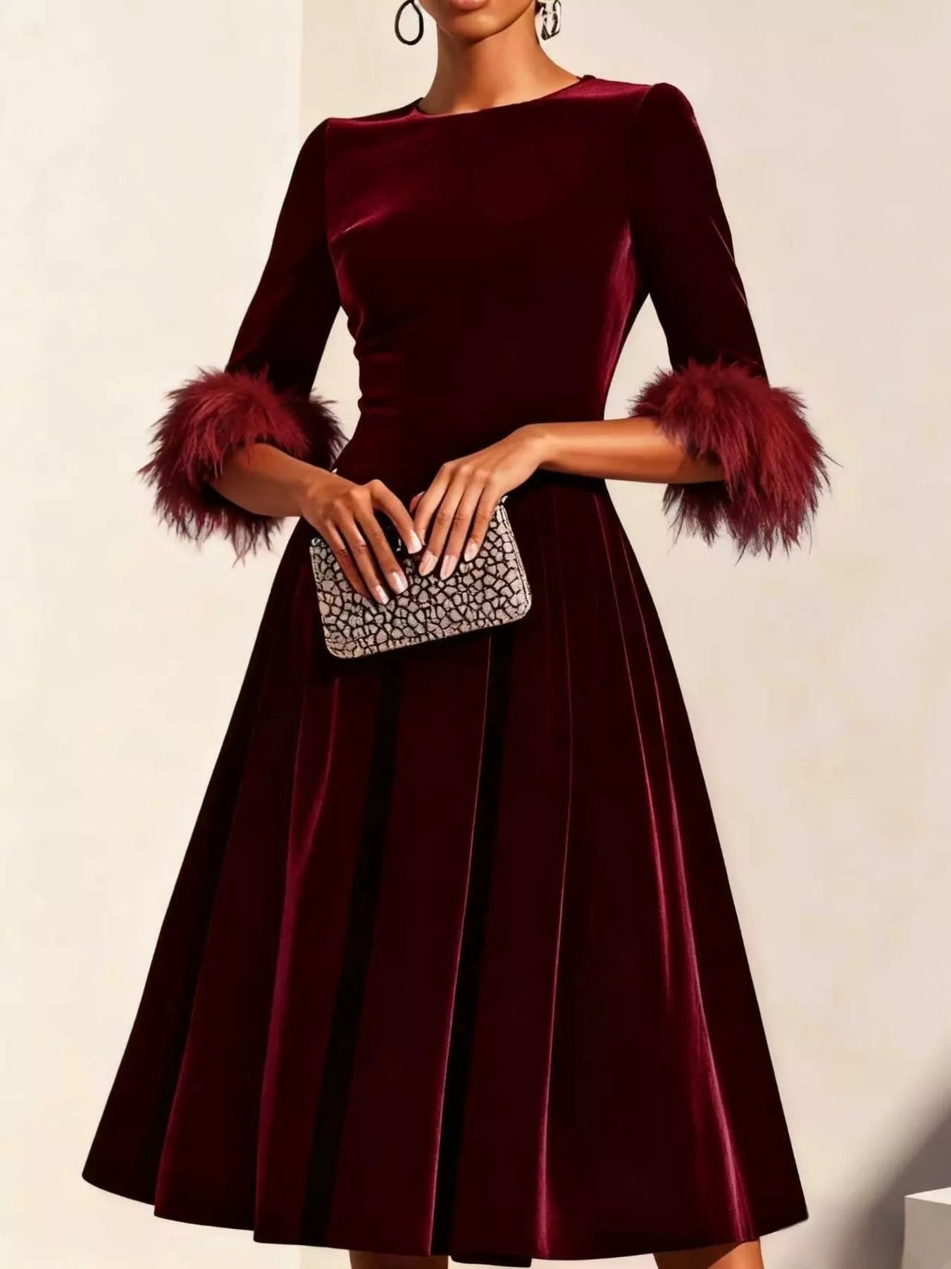 Velvet Midi Dress with Feather Cuffs - Rochelle's House LLC