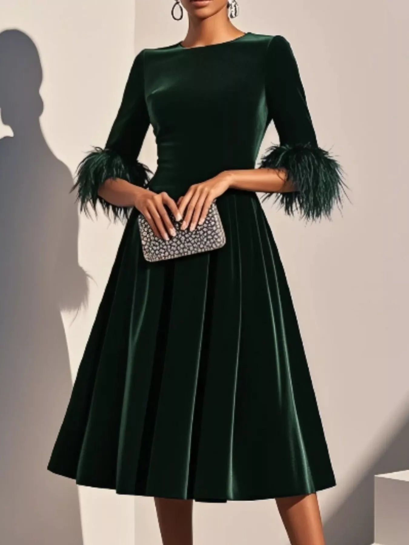 Velvet Midi Dress with Feather Cuffs - Rochelle's House LLC
