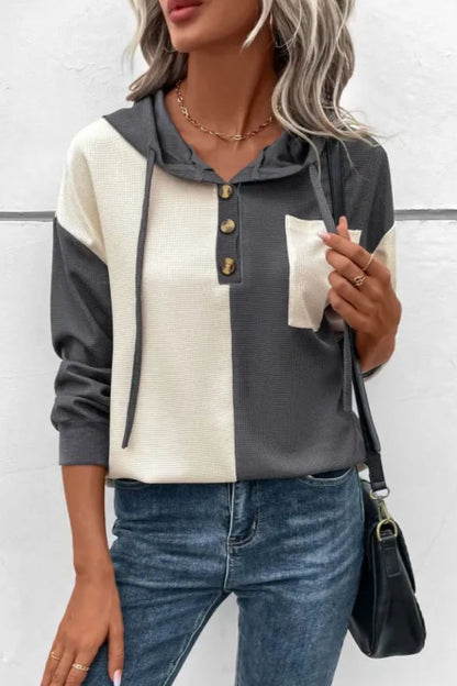 Front view of Waffle-Knit Two-Tone Long Sleeve Hoodie in Gray showing neckline and sleeve details