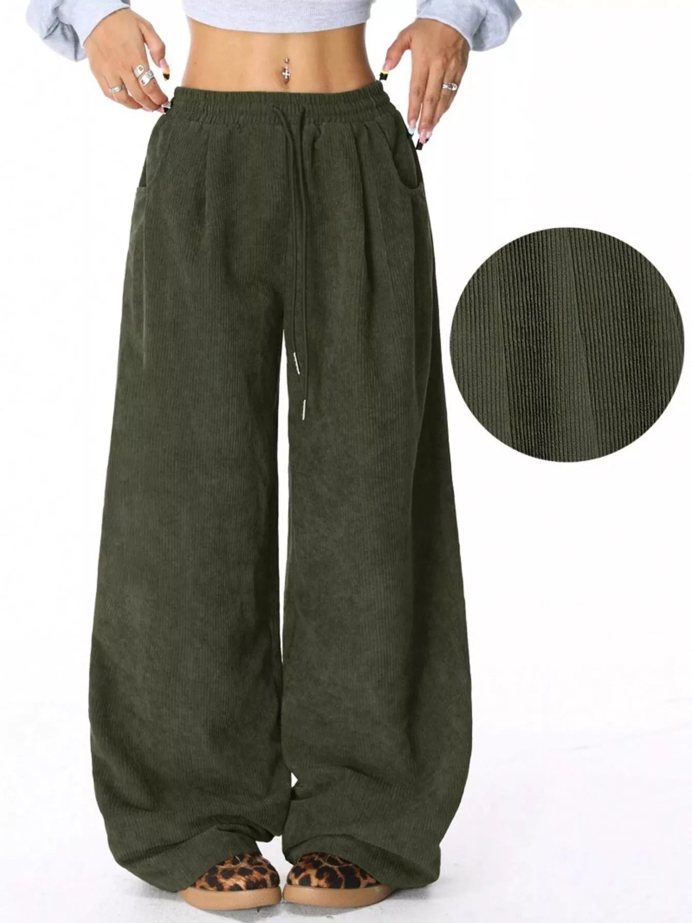 Wide Leg Corduroy Drawstring Pants - Rochelle's House LLC